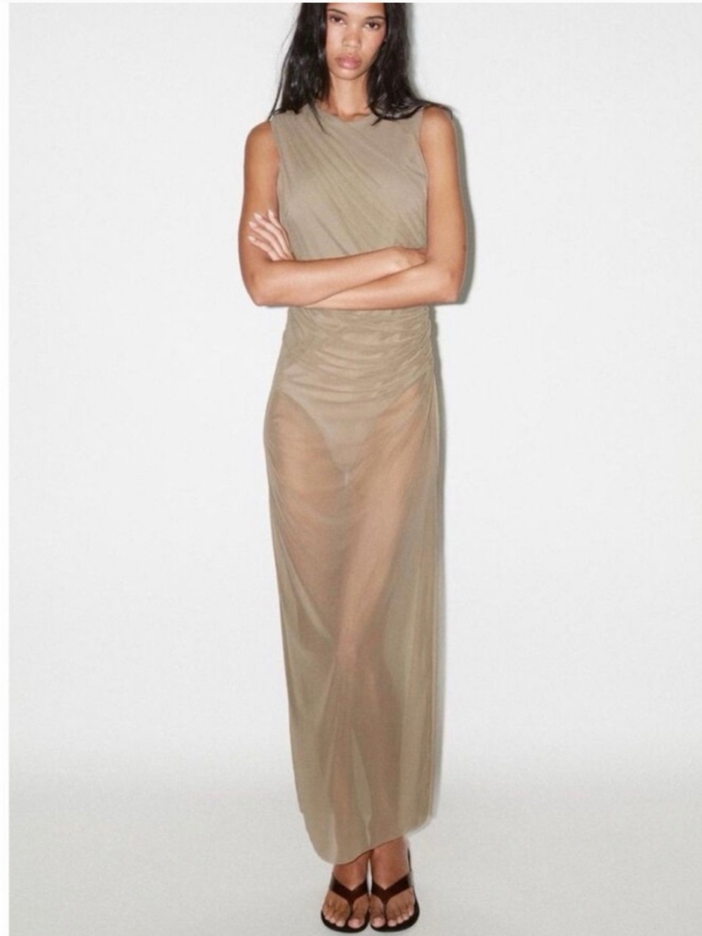 ✨ ZARA TULLE MIDI BODYCON DRESS — TAUPE GRAY ✨